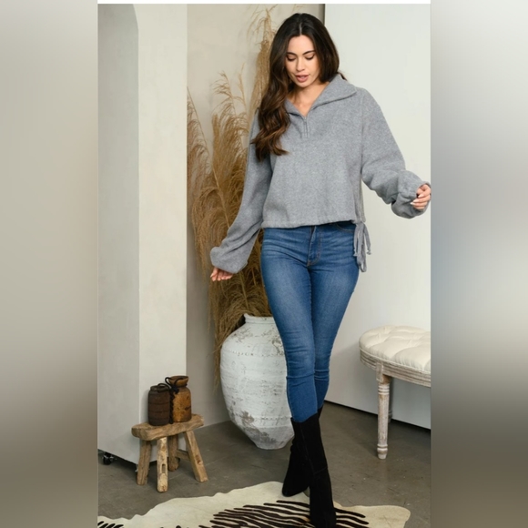 Women's Long Sleeve Fleece Zip Up Pullover Sweater Oatmeal Large - Picture 3 of 3